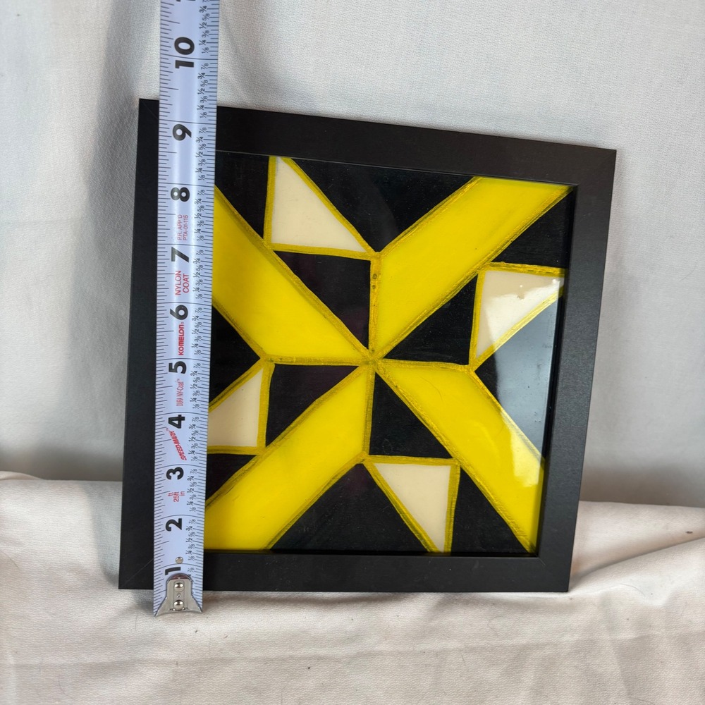 Quilt Design Framed Wall Art Yellow Black Cream Square Decor 9.5in - Picture 3 of 4